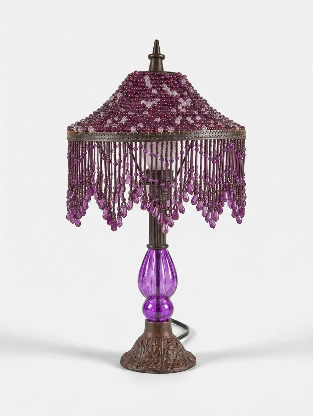 Purple Beaded Table Lamp Victorian Boho Fringe Accent Light Candelabra 16